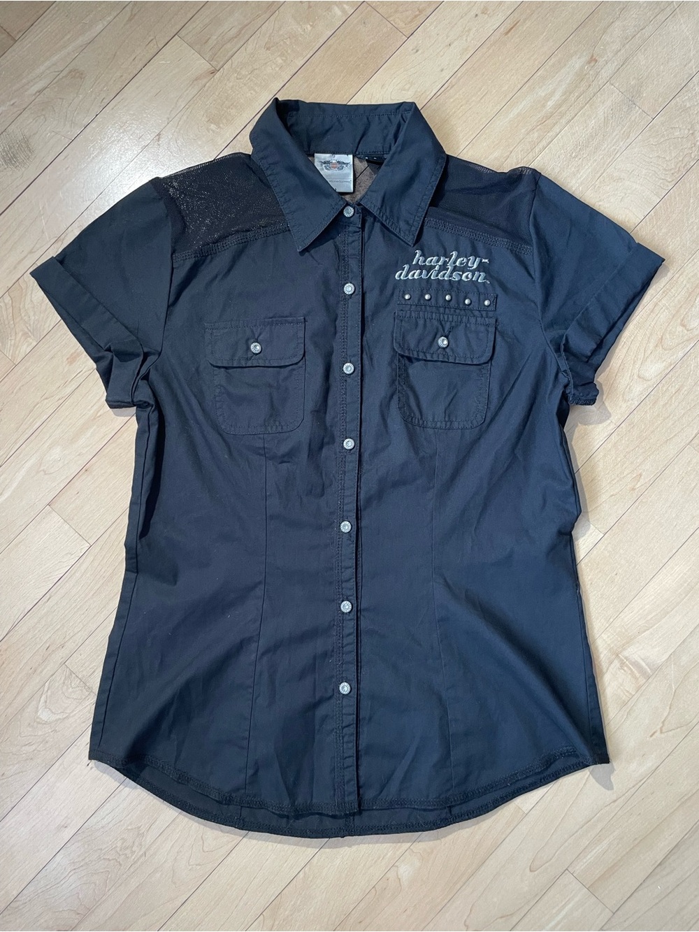 HARLEY-DAVIDSON 🛞🦅 black rhinestone button down sheer shoulder top